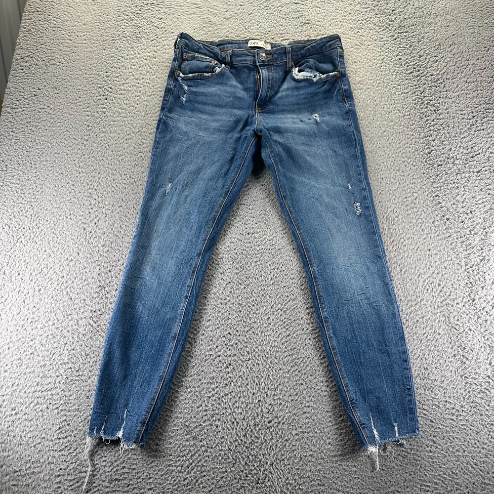 Zara Jeans Women's 12 Blue Cotton Denim Skinny Distressed Workwear Frayed Hem